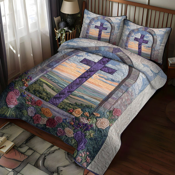 Cross of the Redeemed quilted 3-piece bedding set on a made bed in a softly lit bedroom