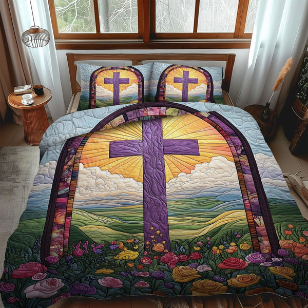 Cross of the Savior quilted 3-piece bedding set on a made bed in a softly lit bedroom