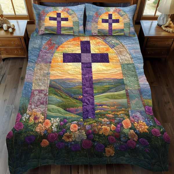 Cross of Truth and Light quilted 3-piece bedding set on a made bed in a softly lit bedroom