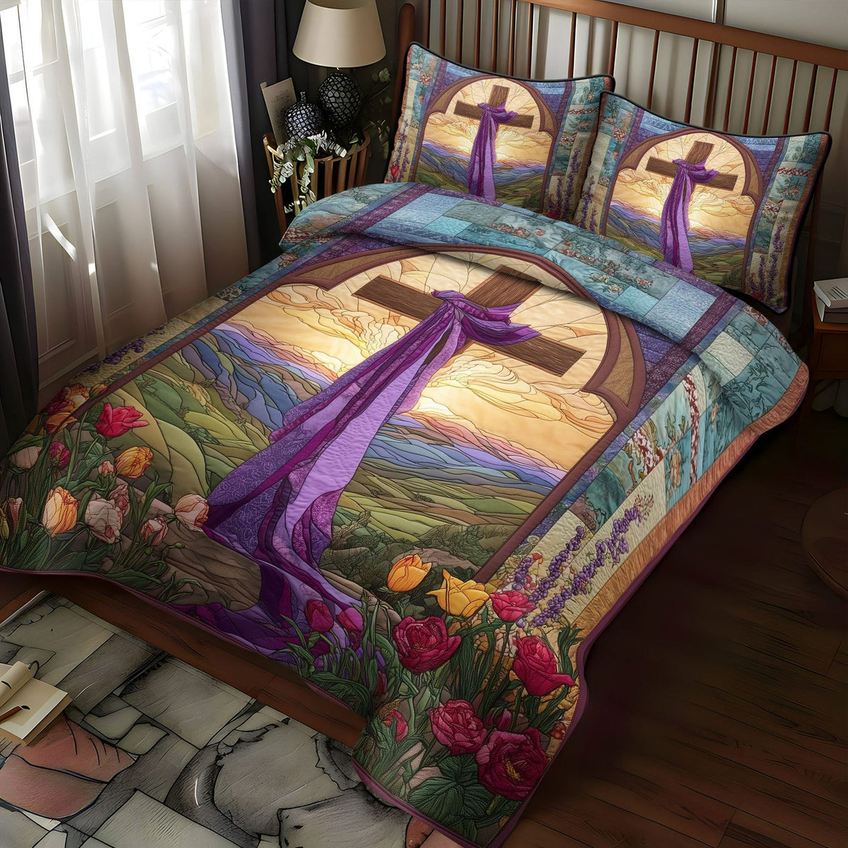 Cross of Unfailing Love quilted 3-piece bedding set on a made bed in a softly lit bedroom