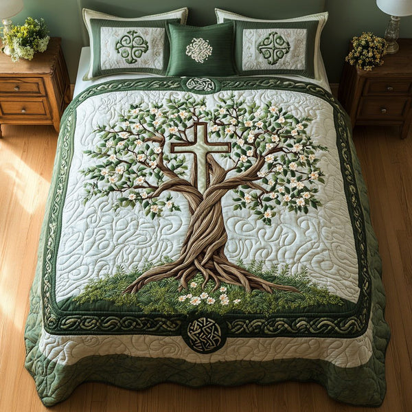Cross of Victory quilted 3-piece bedding set on a made bed in a softly lit bedroom