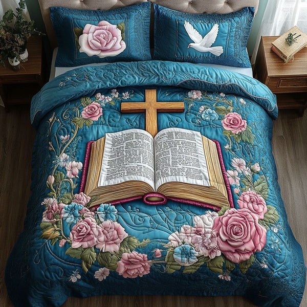 Cross of Wisdom quilted 3-piece bedding set on a made bed in a softly lit bedroom