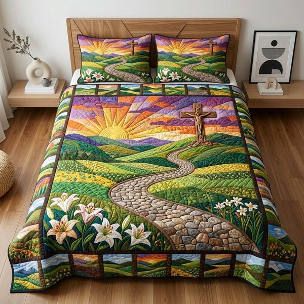 Cross Path quilted 3-piece bedding set on a made bed in a softly lit bedroom