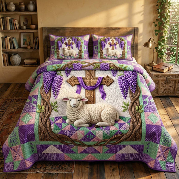 Cross Wisteria quilted 3-piece bedding set on a made bed in a softly lit bedroom