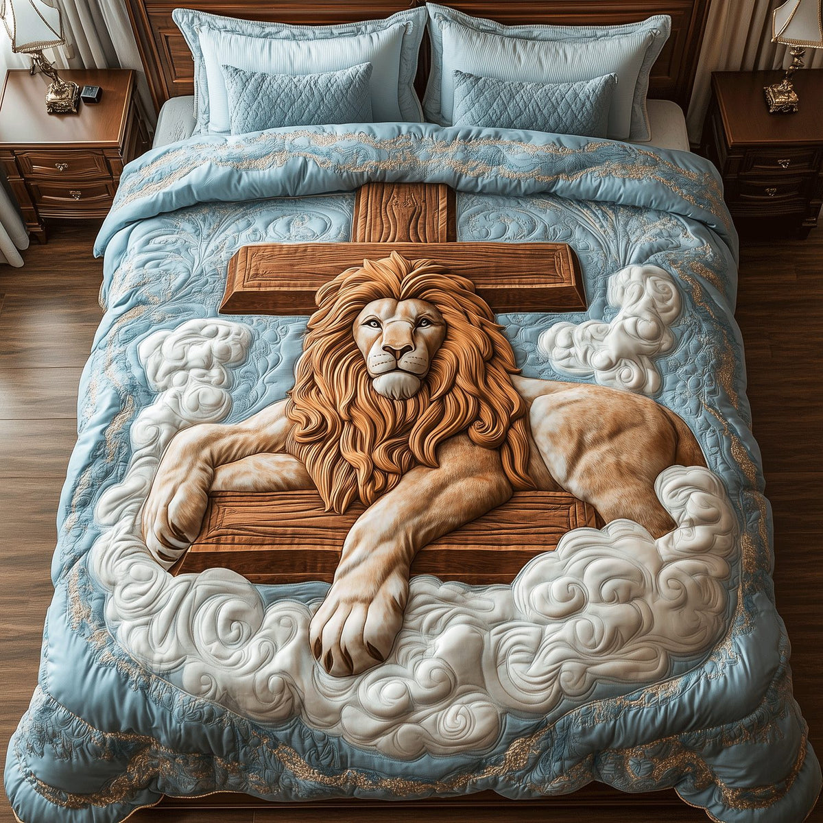 Crossed Lion Path quilted 3-piece bedding set on a made bed with two matching pillow shams