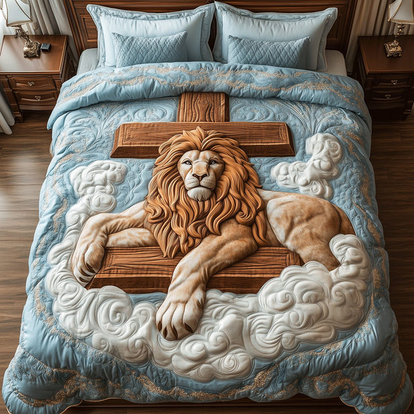 Crossed Lion Path quilted 3-piece bedding set on a made bed with two matching pillow shams