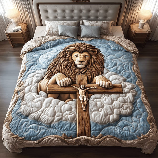 Crossed Majesty quilted 3-piece bedding set on a made bed with two matching pillow shams