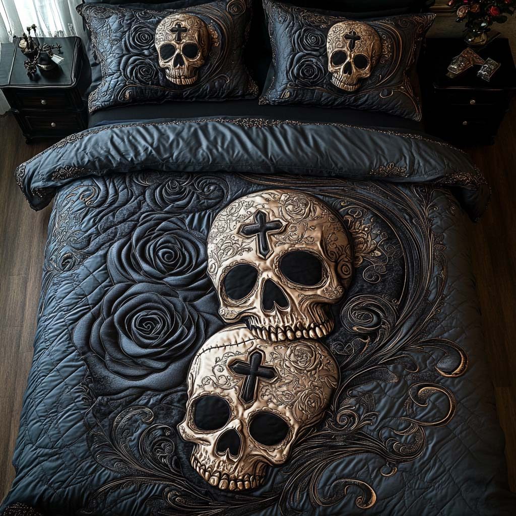 Crossed Souls quilted 3-piece bedding set on a made bed with two matching pillow shams