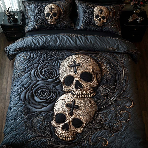 Crossed Souls quilted 3-piece bedding set on a made bed with two matching pillow shams