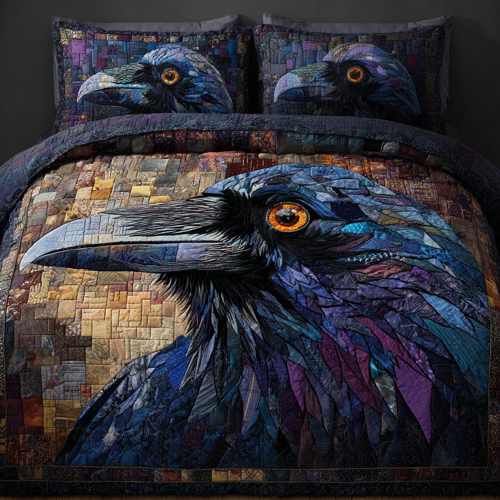Crow Call quilted 3-piece bedding set on a made bed with two matching pillow shams