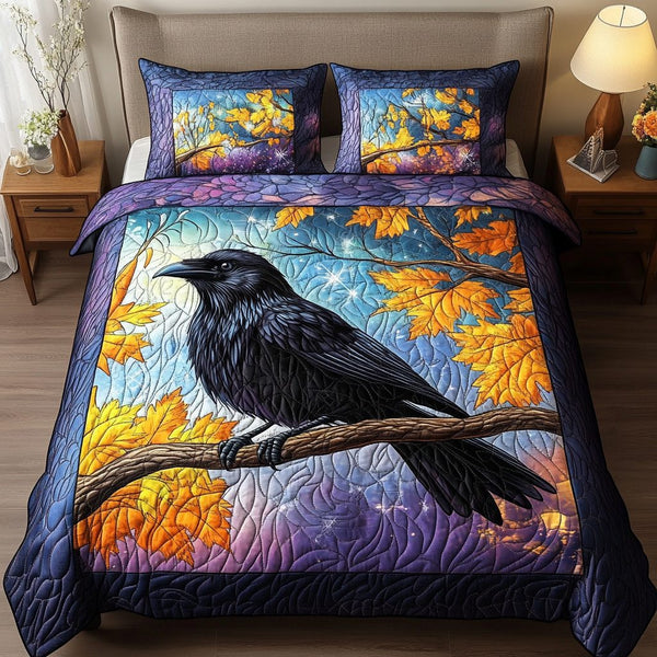 Crow Flight quilted 3-piece bedding set on a made bed with two matching pillow shams