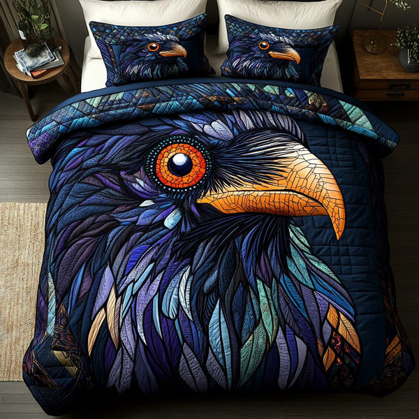 Crow Journey quilted 3-piece bedding set on a made bed with two matching pillow shams