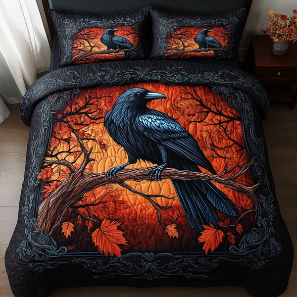 Crow Vision quilted 3-piece bedding set on a made bed with two matching pillow shams