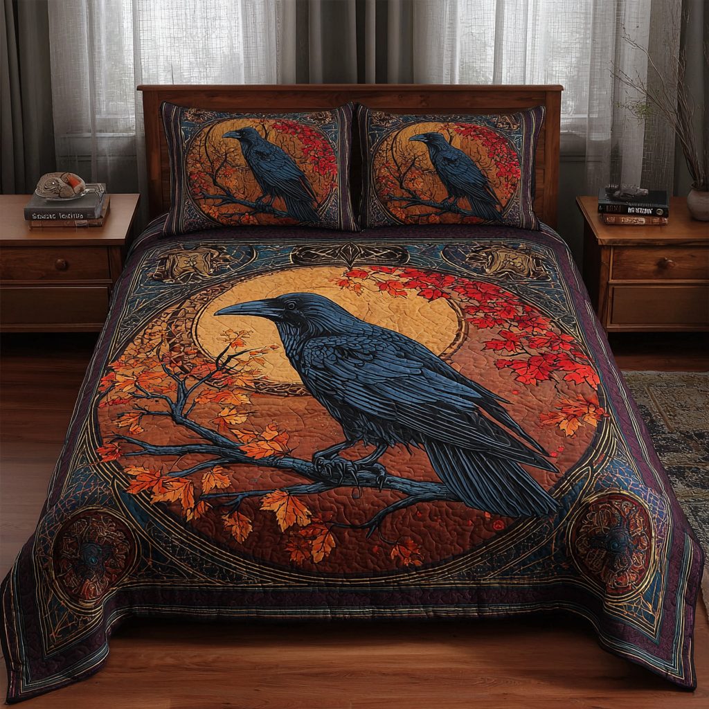 Crow Wings quilted 3-piece bedding set on a made bed with two matching pillow shams