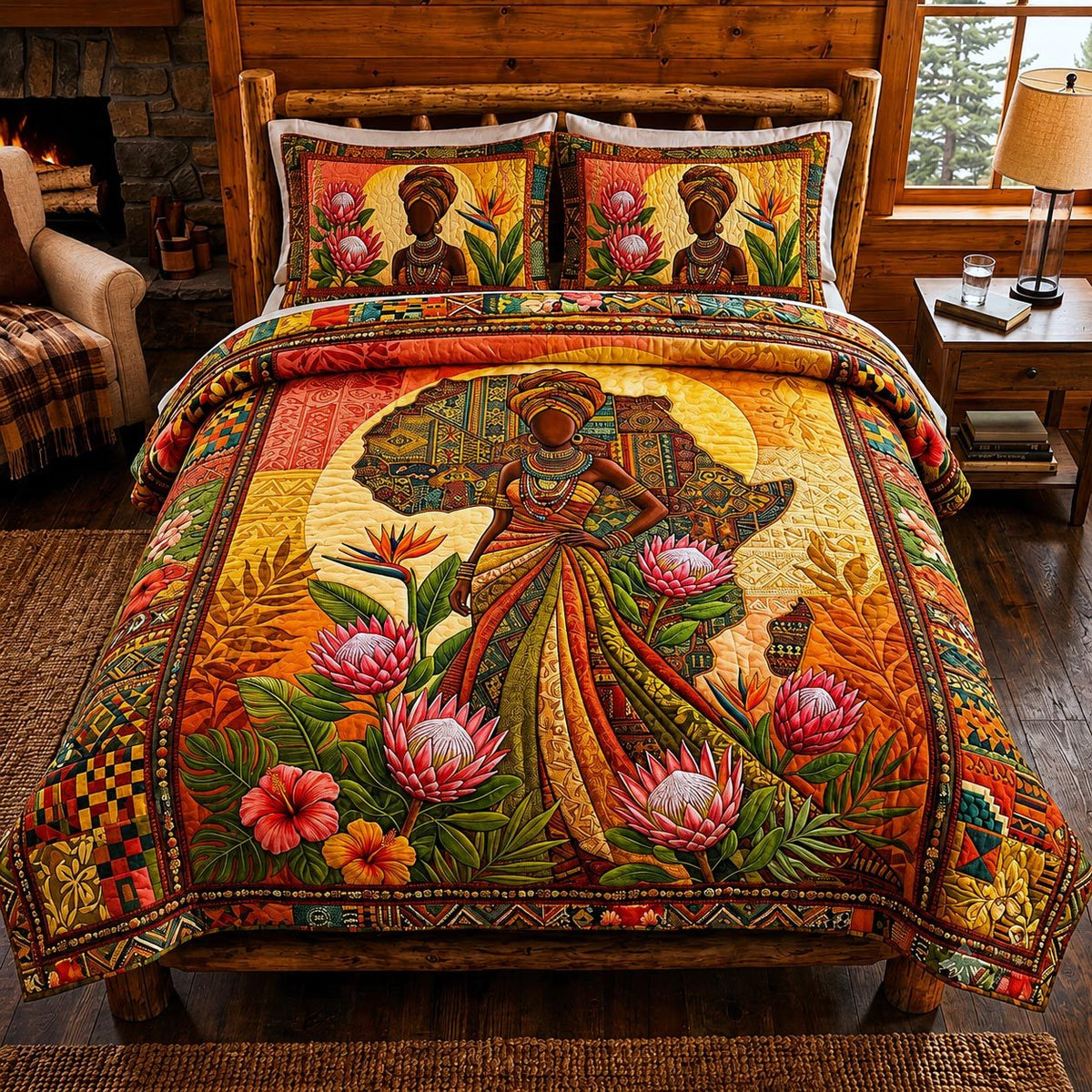 Crowned Beauty quilted 3-piece bedding set on a made bed with two matching pillow shams