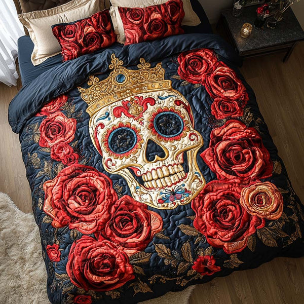 Crowned Death quilted 3-piece bedding set on a made bed with two matching pillow shams