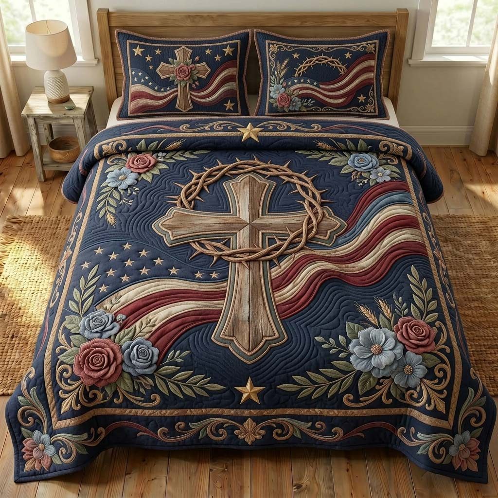 Crowned Faith quilted 3-piece bedding set on a made bed in a softly lit bedroom