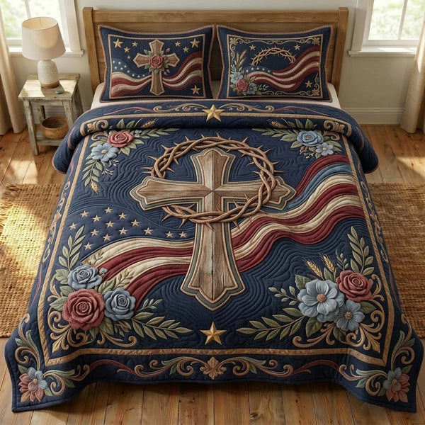 Crowned Faith quilted 3-piece bedding set on a made bed in a softly lit bedroom