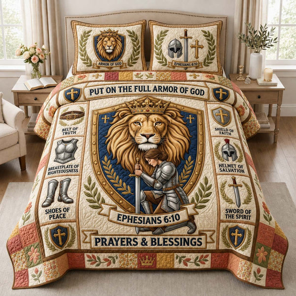 Crowned Lion Armor quilted 3-piece bedding set on a made bed with two matching pillow shams