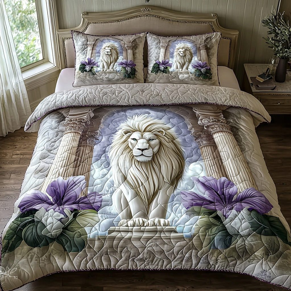 Crowned Lion quilted 3-piece bedding set on a made bed with two matching pillow shams