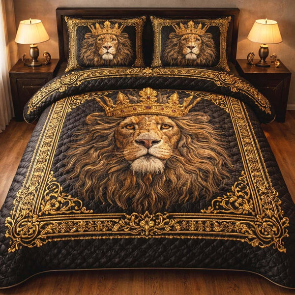 Crowned Majesty quilted 3-piece bedding set on a made bed with two matching pillow shams