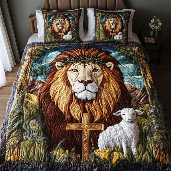 Crowned Peace quilted 3-piece bedding set on a made bed with two matching pillow shams