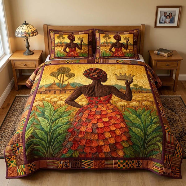 Crowned Queen quilted 3-piece bedding set on a made bed with two matching pillow shams