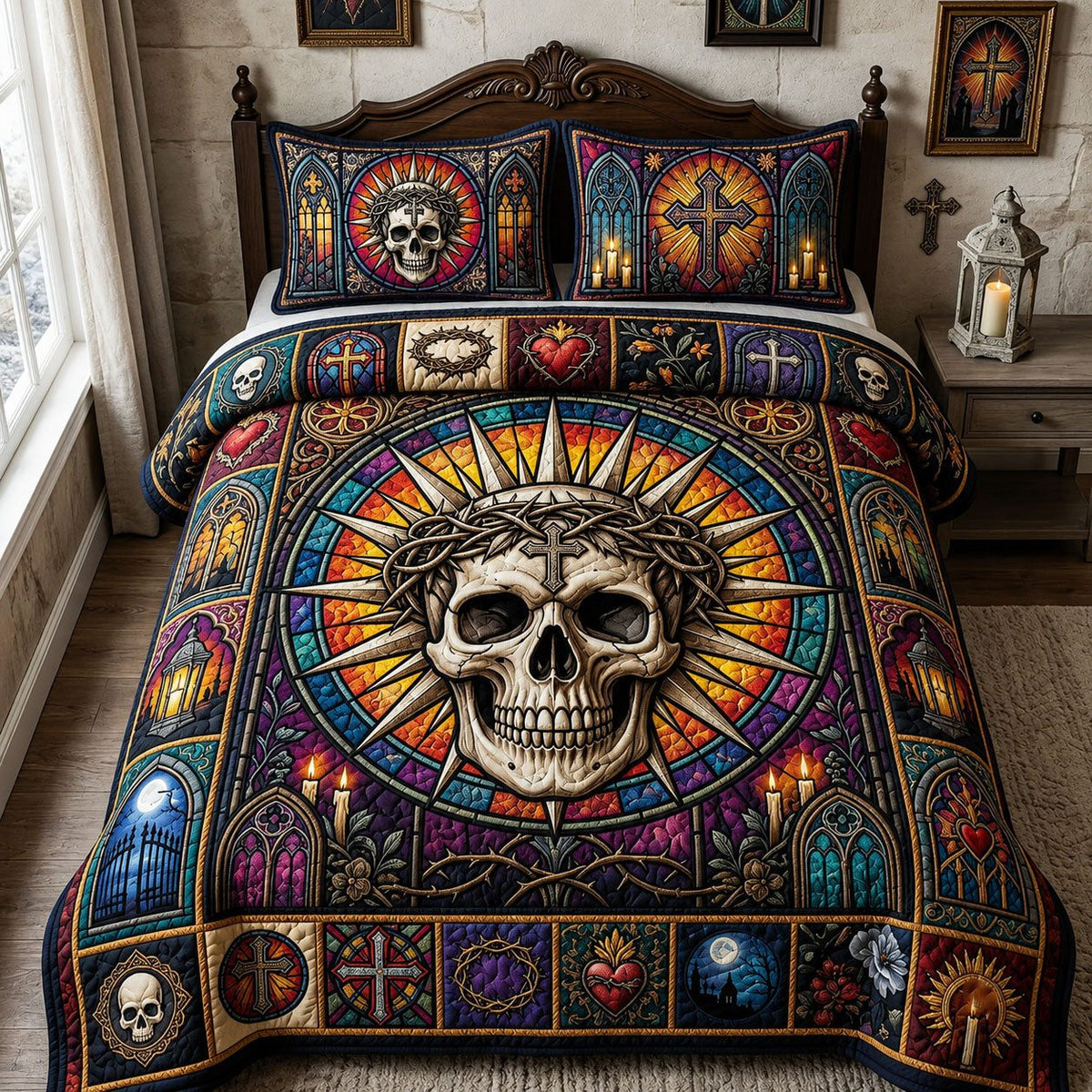 Crowned Skull Stained Glass quilted 3-piece bedding set on a made bed against a dark styled interior