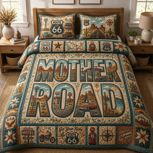 Cruising The Mother Road quilted 3-piece bedding set on a made bed with two matching pillow shams