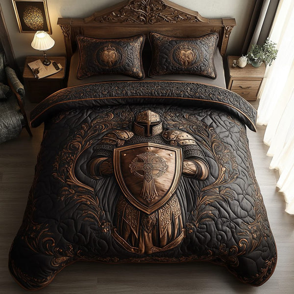 Crusader Knight quilted 3-piece bedding set on a made bed with two matching pillow shams