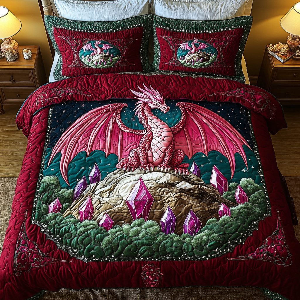 Crystal Dragon quilted 3-piece bedding set on a made bed with two matching pillow shams