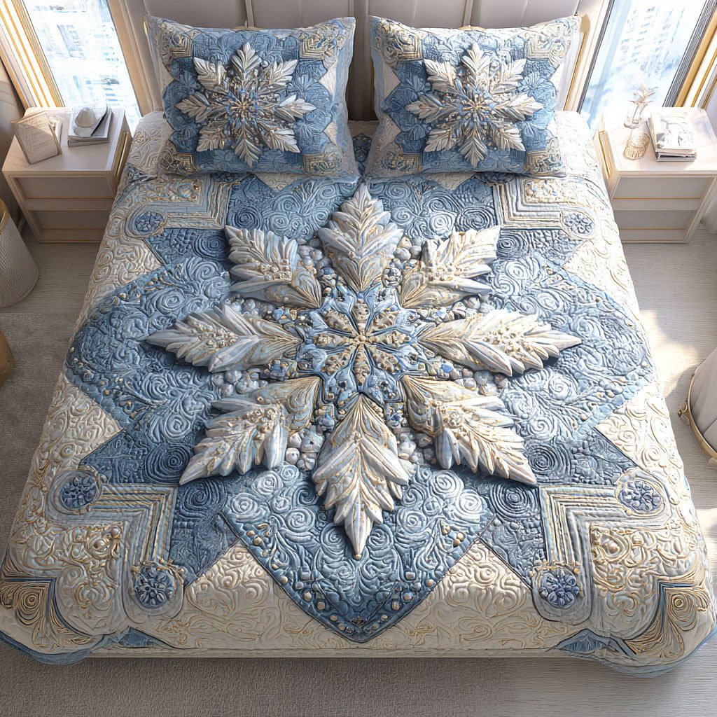 Crystal Frost quilted 3-piece bedding set on a made bed in a winter-styled bedroom