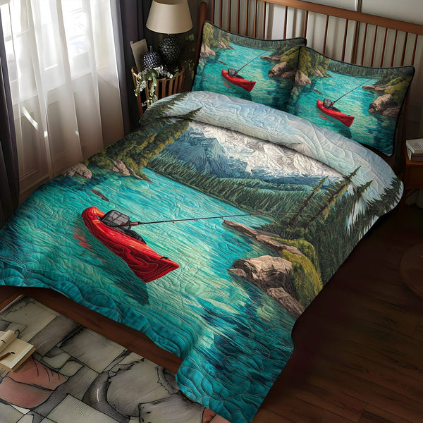 Crystal Lake Views quilted 3-piece bedding set on a made bed with two matching pillow shams