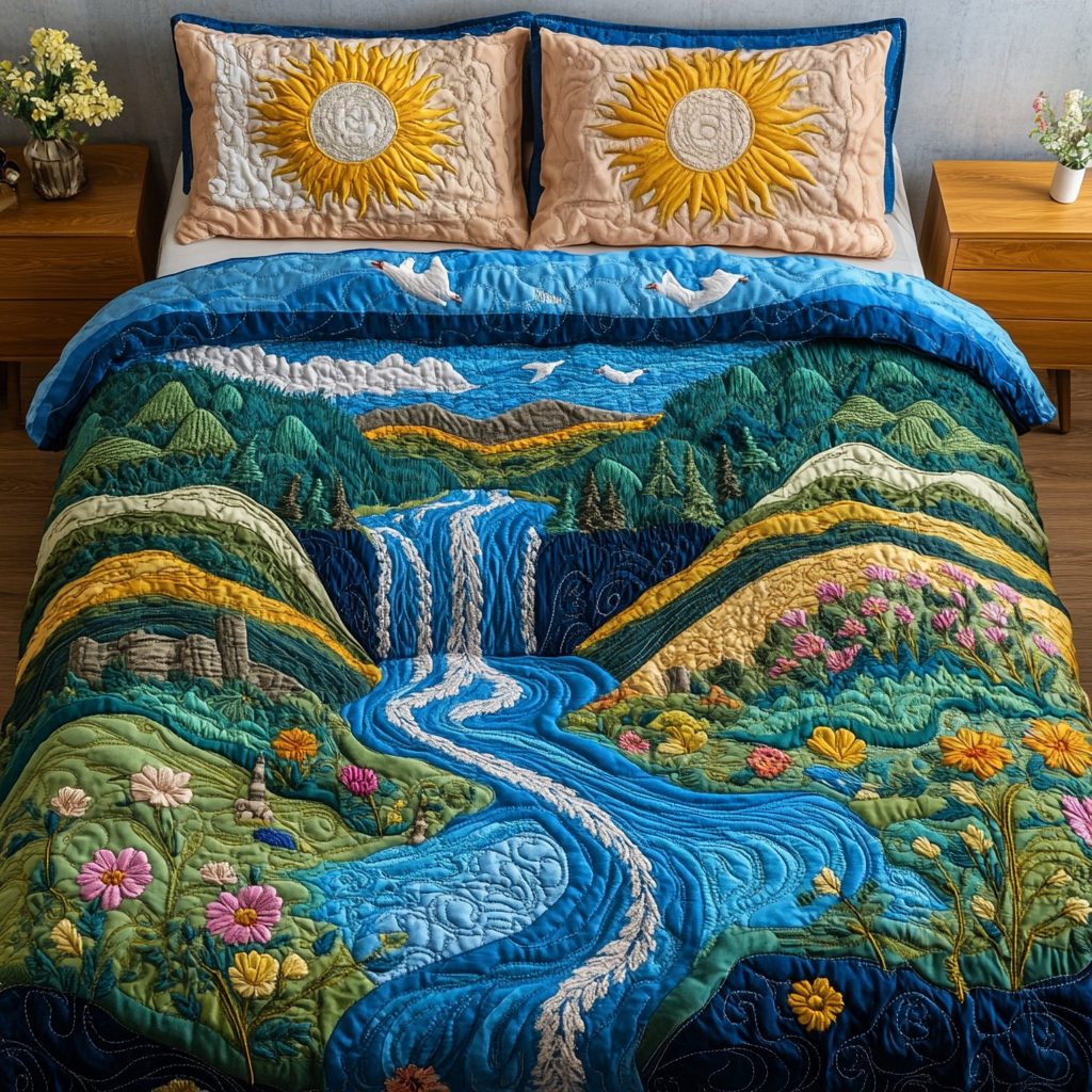 Crystal Rapids quilted 3-piece bedding set on a made bed with two matching pillow shams