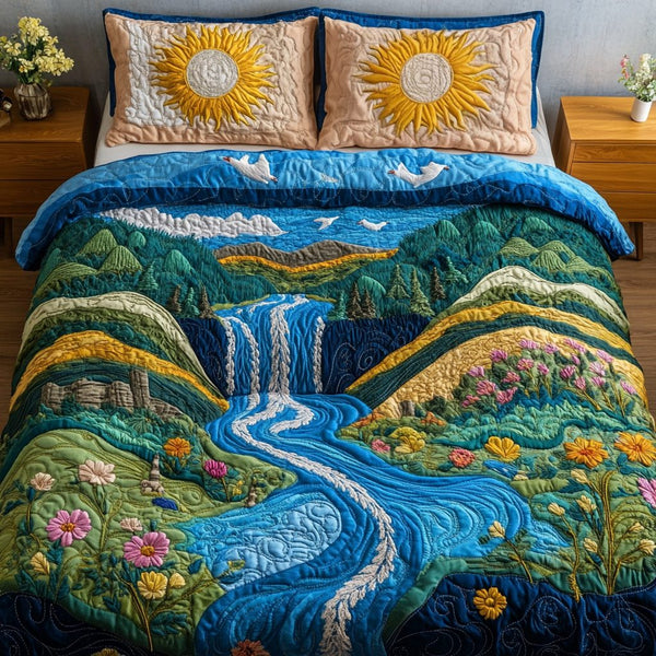 Crystal Rapids quilted 3-piece bedding set on a made bed with two matching pillow shams