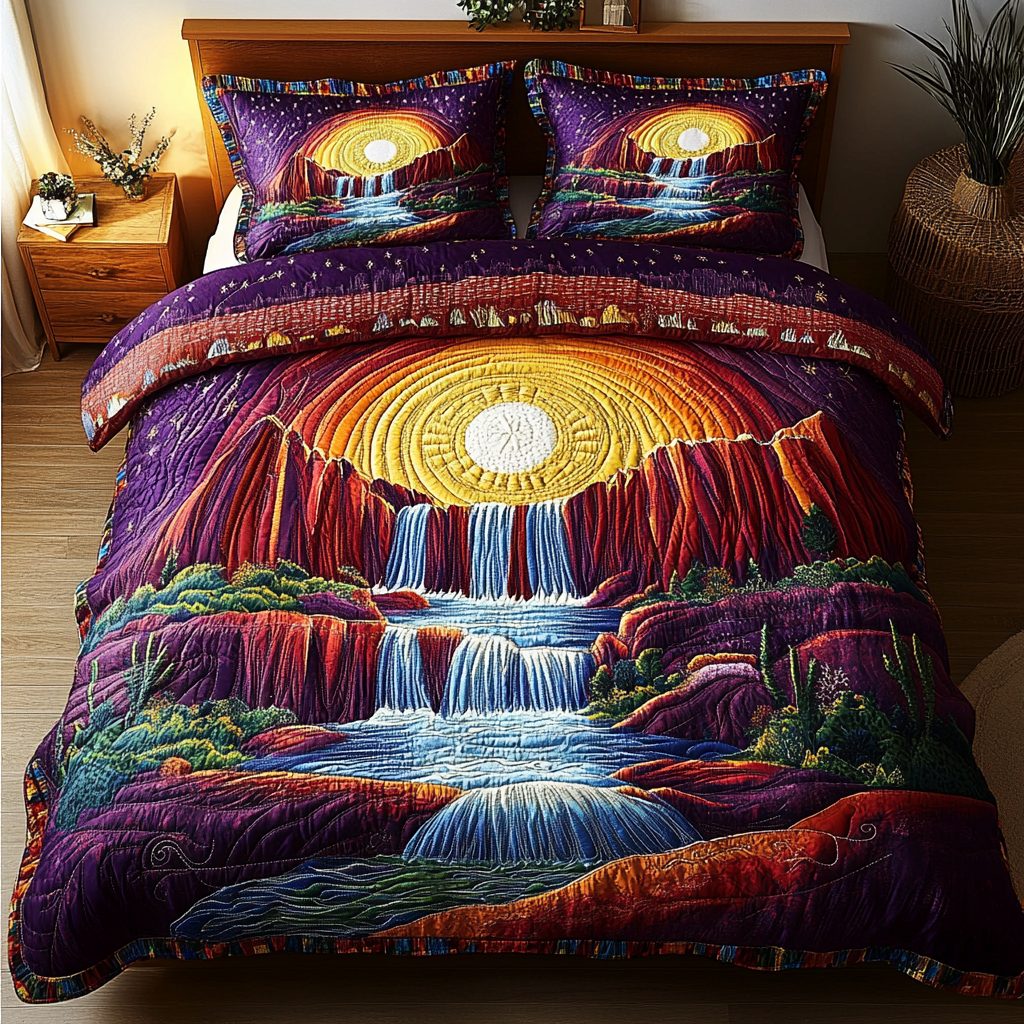 Crystal Rapids quilted 3-piece bedding set on a made bed with two matching pillow shams