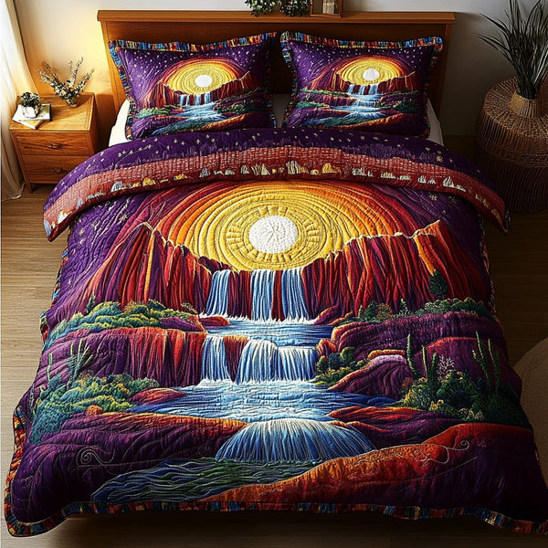 Crystal Rapids quilted 3-piece bedding set on a made bed with two matching pillow shams