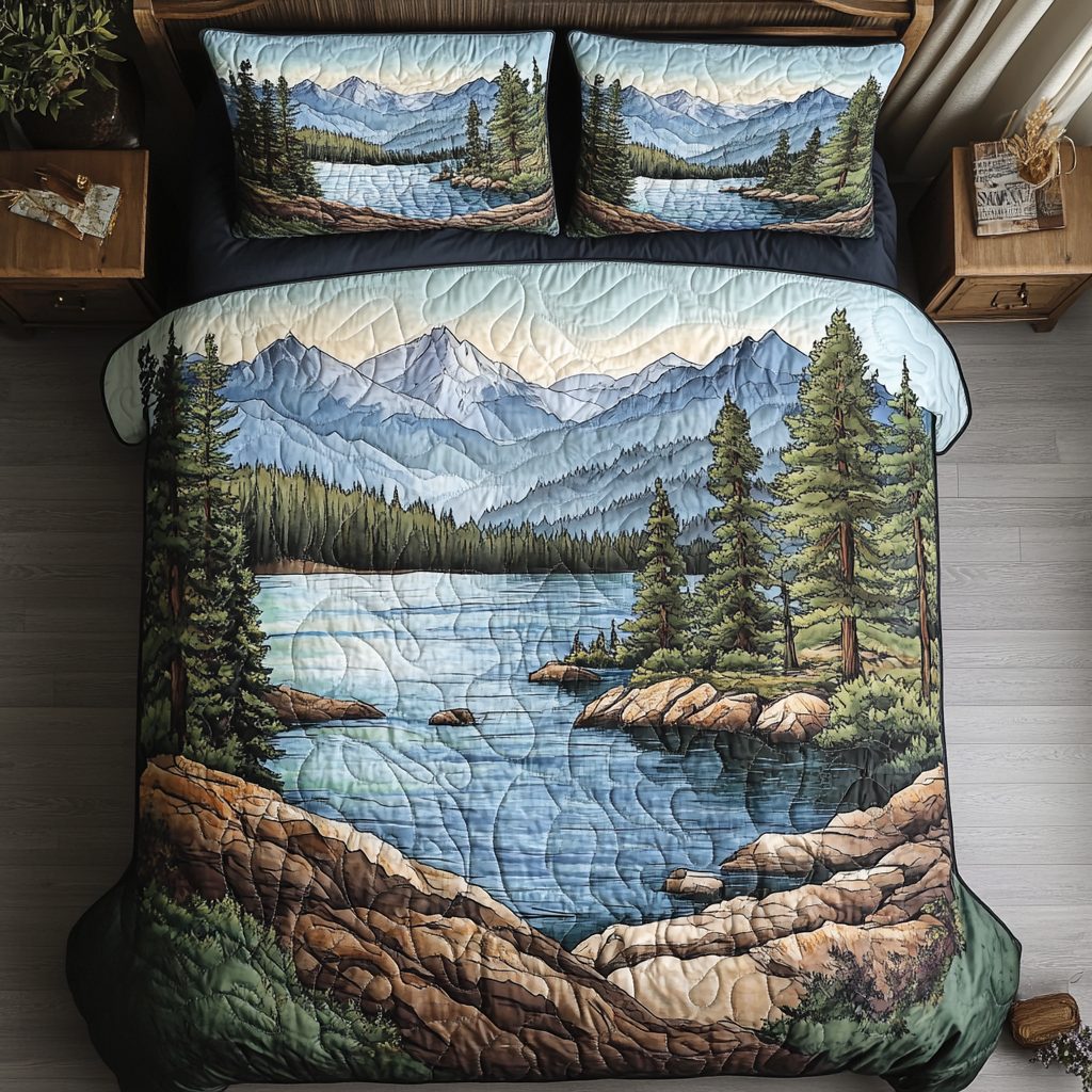 Crystal Waters quilted 3-piece bedding set on a made bed with two matching pillow shams