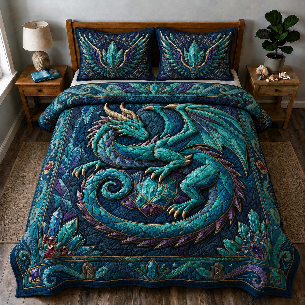 Crystal Wyvern quilted 3-piece bedding set on a made bed with two matching pillow shams
