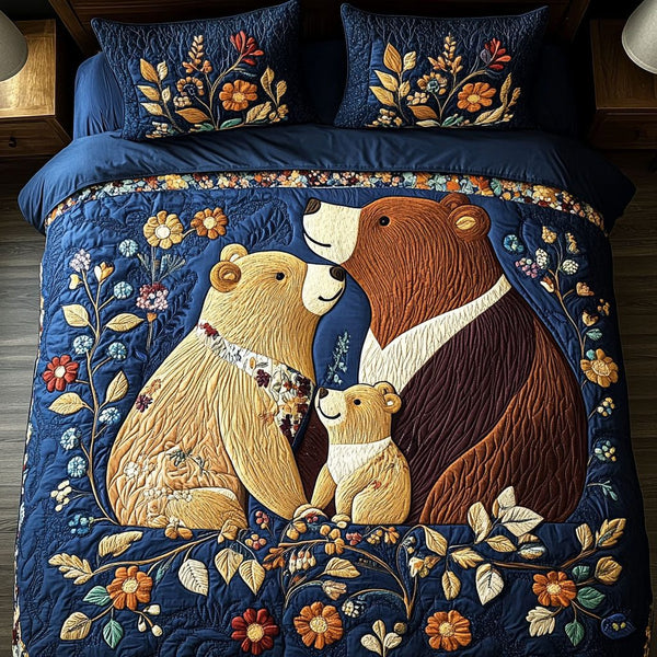 Cubs And Care quilted 3-piece bedding set on a made bed with two matching pillow shams