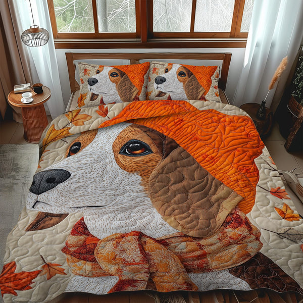Cuddly Beagle quilted 3-piece bedding set on a made bed with two matching pillow shams