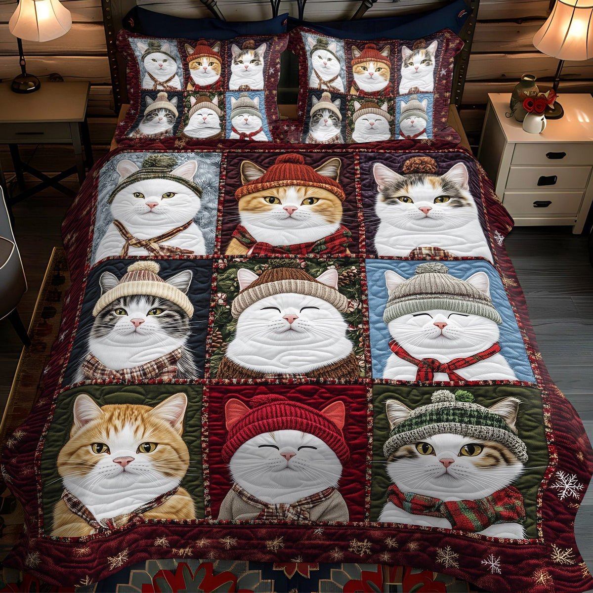 Cuddly Cats quilted 3-piece bedding set on a made bed with two matching pillow shams