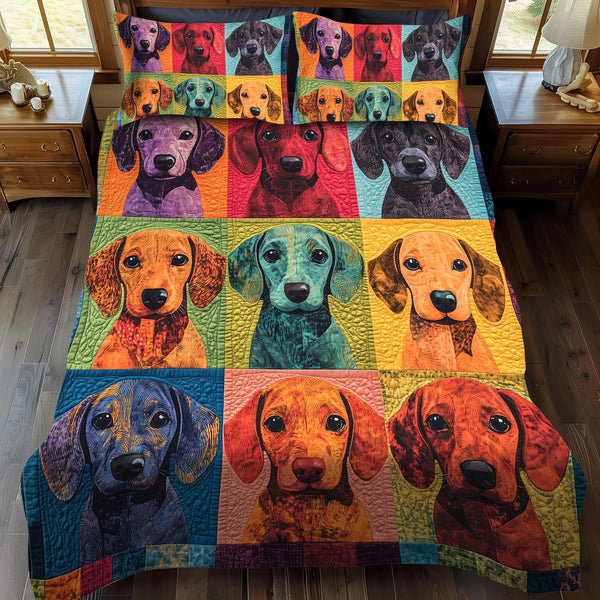 Cuddly Dachshund quilted 3-piece bedding set on a made bed with two matching pillow shams