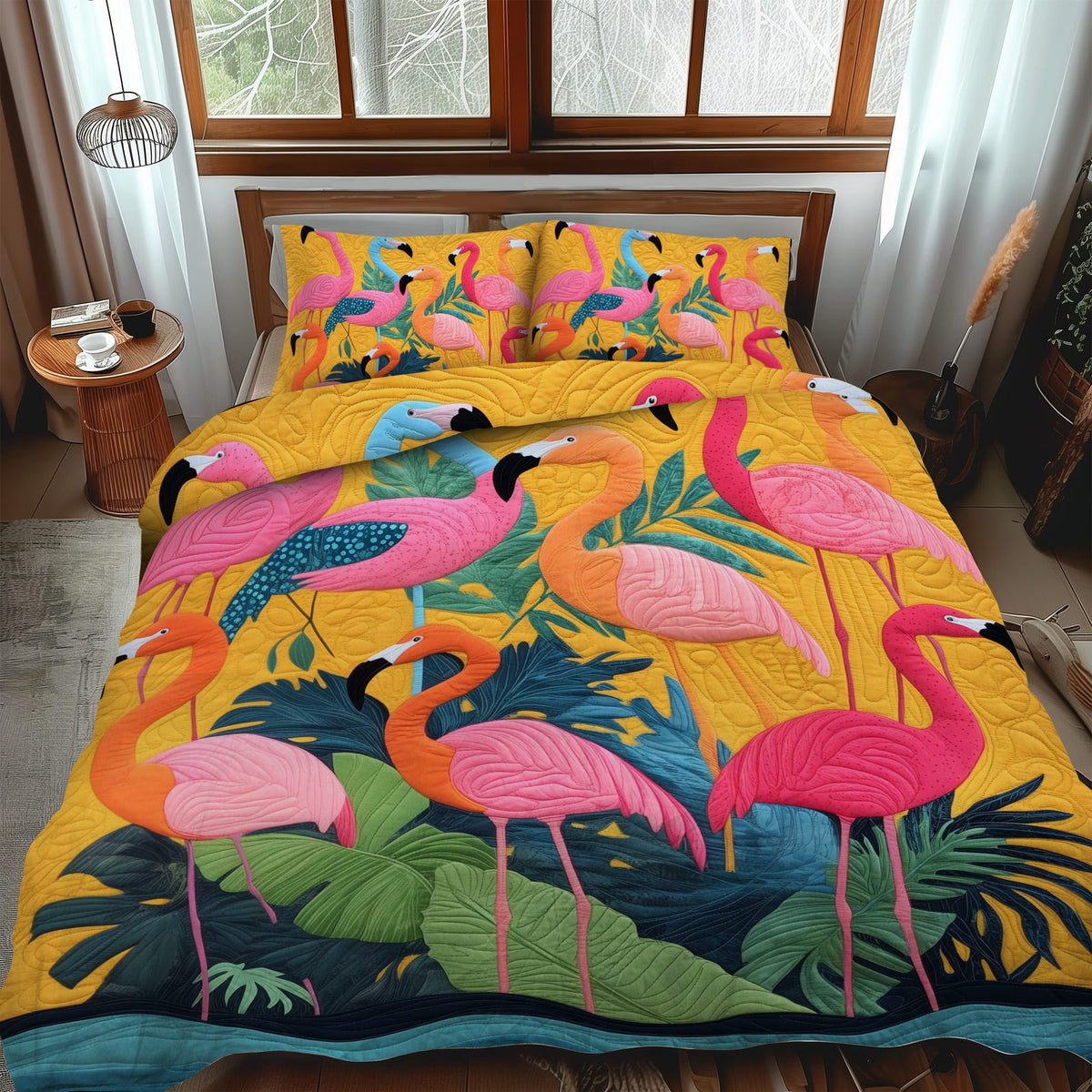 Cuddly Flamingo quilted 3-piece bedding set on a made bed with two matching pillow shams