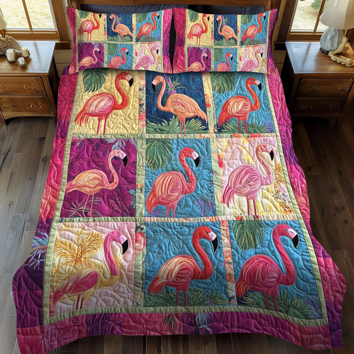 Cuddly Flamingo quilted 3-piece bedding set on a made bed with two matching pillow shams