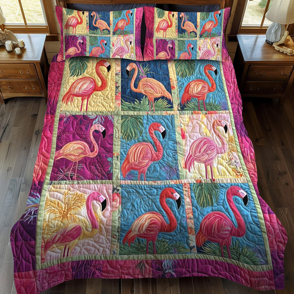 Cuddly Flamingo quilted 3-piece bedding set on a made bed with two matching pillow shams