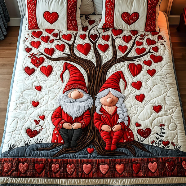 Cuddly Gnome Couple quilted 3-piece bedding set on a made bed in a winter-styled bedroom