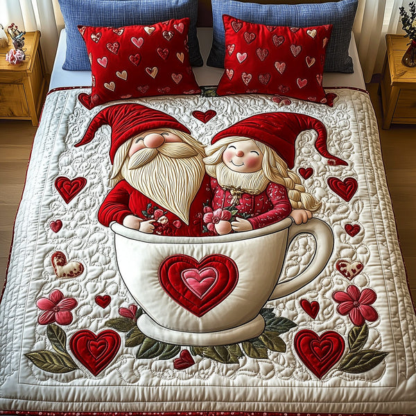 Cuddly Gnome Love quilted 3-piece bedding set on a made bed in a winter-styled bedroom