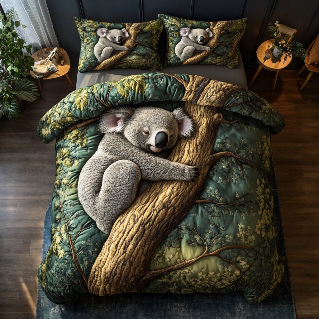 Cuddly Koala quilted 3-piece bedding set on a made bed with two matching pillow shams