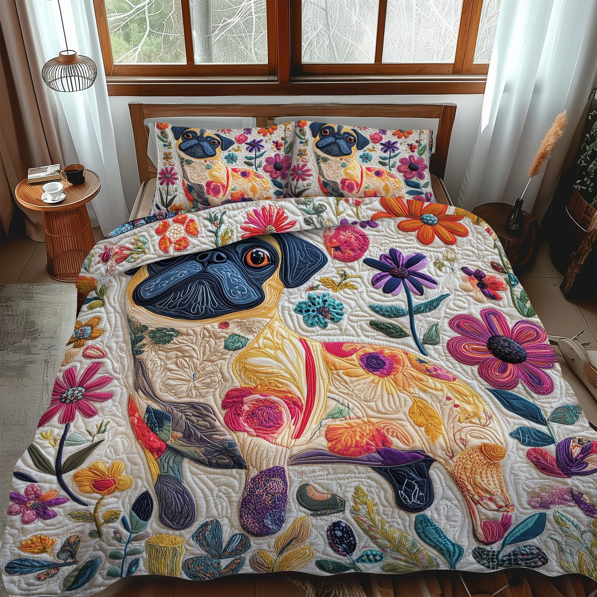 Cuddly Pug quilted 3-piece bedding set on a made bed with two matching pillow shams